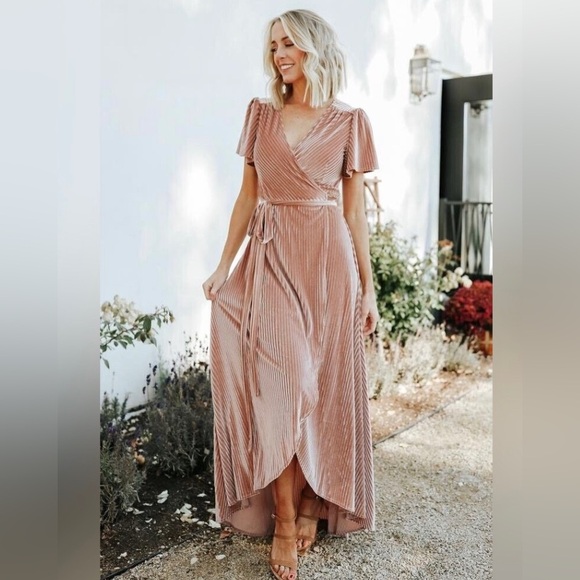 Baltic Born Dresses & Skirts - Baltic Born Light Pink Champagne Andi Velvet Ribbed Wrap Maxi Dress XXXL